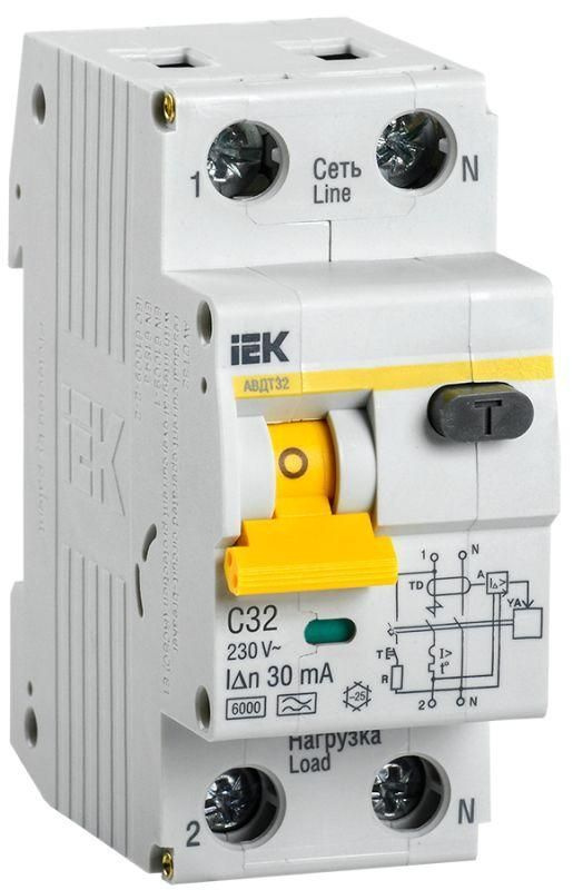 Выключатель автоматический дифференциального тока 2п (1P+N) C 32А 30мА тип A 6кА АВДТ-32 IEK MAD22-5-032-C-30 #1