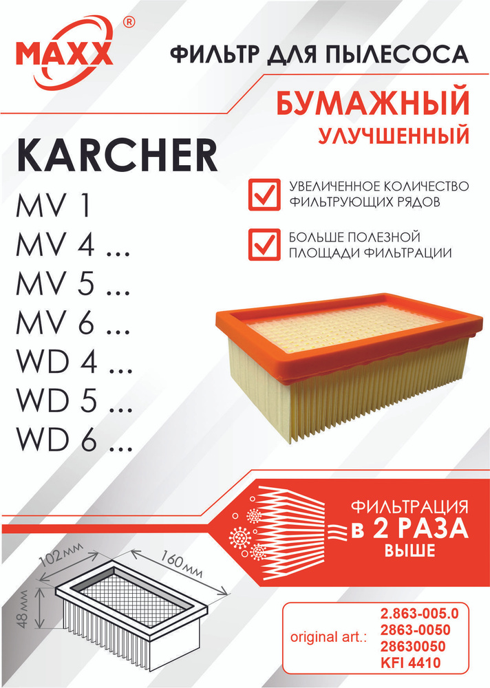 Плоский складчатый фильтр бумажный улучшенный для пылесоса Karcher серий MV 4 MV 6 и WD 4 WD 6 (KFI 4410) #1