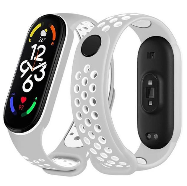 Силиконовый ремешок для фитнес браслета Xiaomi Mi Band 5/6 и Mi Band 7 , серый с белыми отверстиями  #1