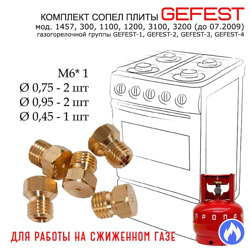 Комплект жиклеров, форсунок газовой плиты "GEFEST" моделей 1457, 300, 1100-3200 (до 07.2009), под балонный, #1