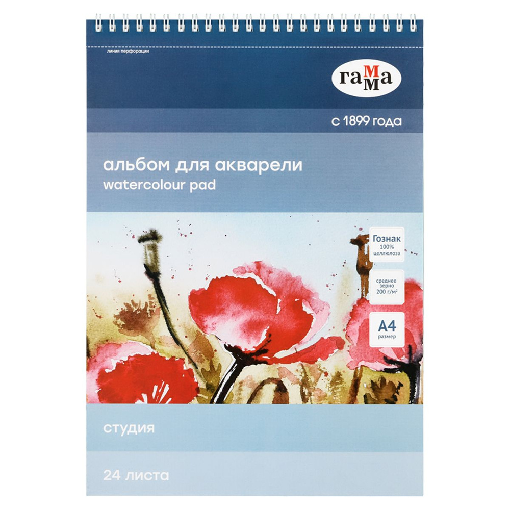 Альбом для акварели, 24л., А4, на спирали Гамма "Студия", 200г/м2, среднее зерно, перфорация на отрыв #1