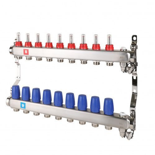 Коллектор из нержавеющей стали в сборе с расходомерами, дренажным краном и воздухоотводчиком, 9 выходов, #1