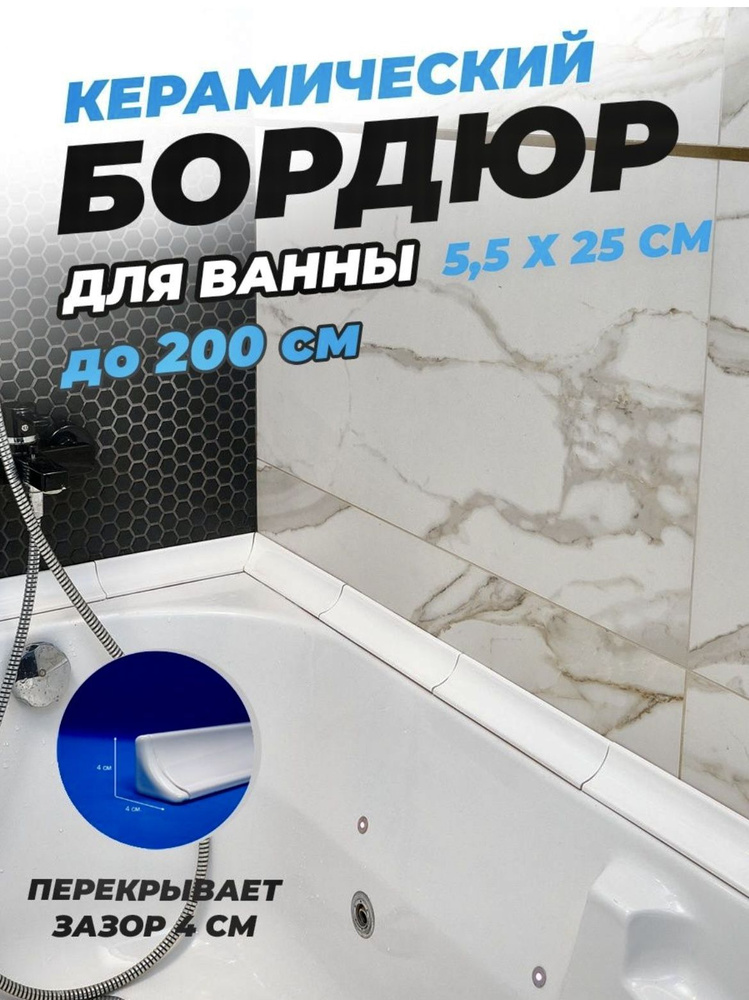 Бордюр для ванны керамический. Уголок для ванной. Комплект широких плинтусов 5,5 см х 25 см. Цвет - белый #1