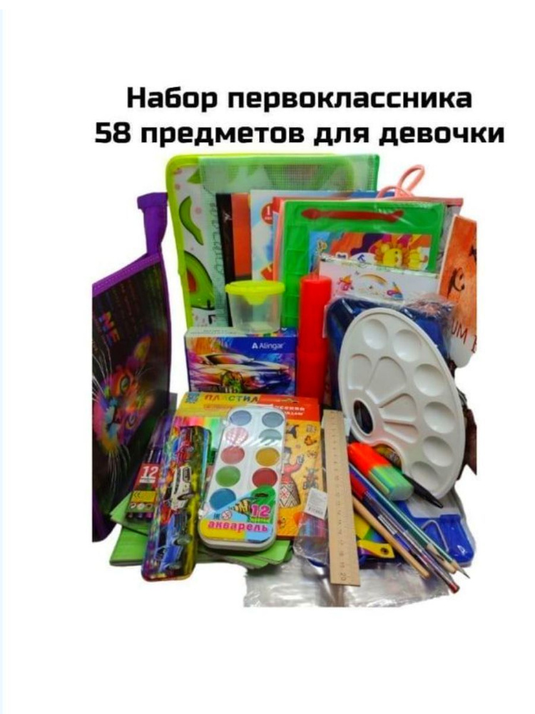 Набор канцелярский для девочек 58 предметов "Первоклассник"  #1