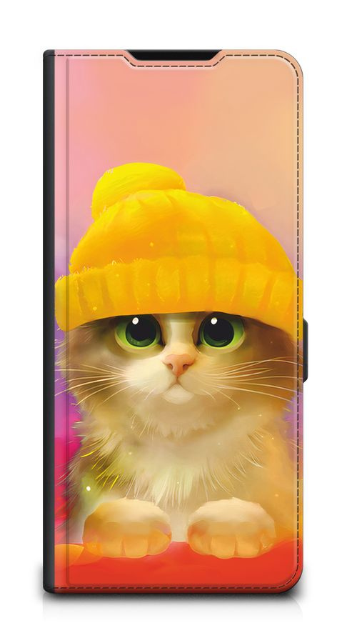 Чехол-книжка на Realme C53/C51/Note 50 / Реалми С53/С51/Нот 50 с принтом "Милый котенок в шапке", черный #1