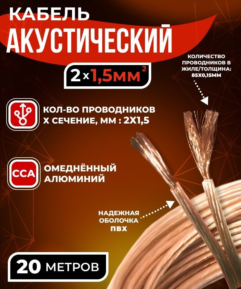 Кабель акустический 2x1.5мм2 (85x0.15мм), CCA, прозрачный, Technolink, 20 метров  #1