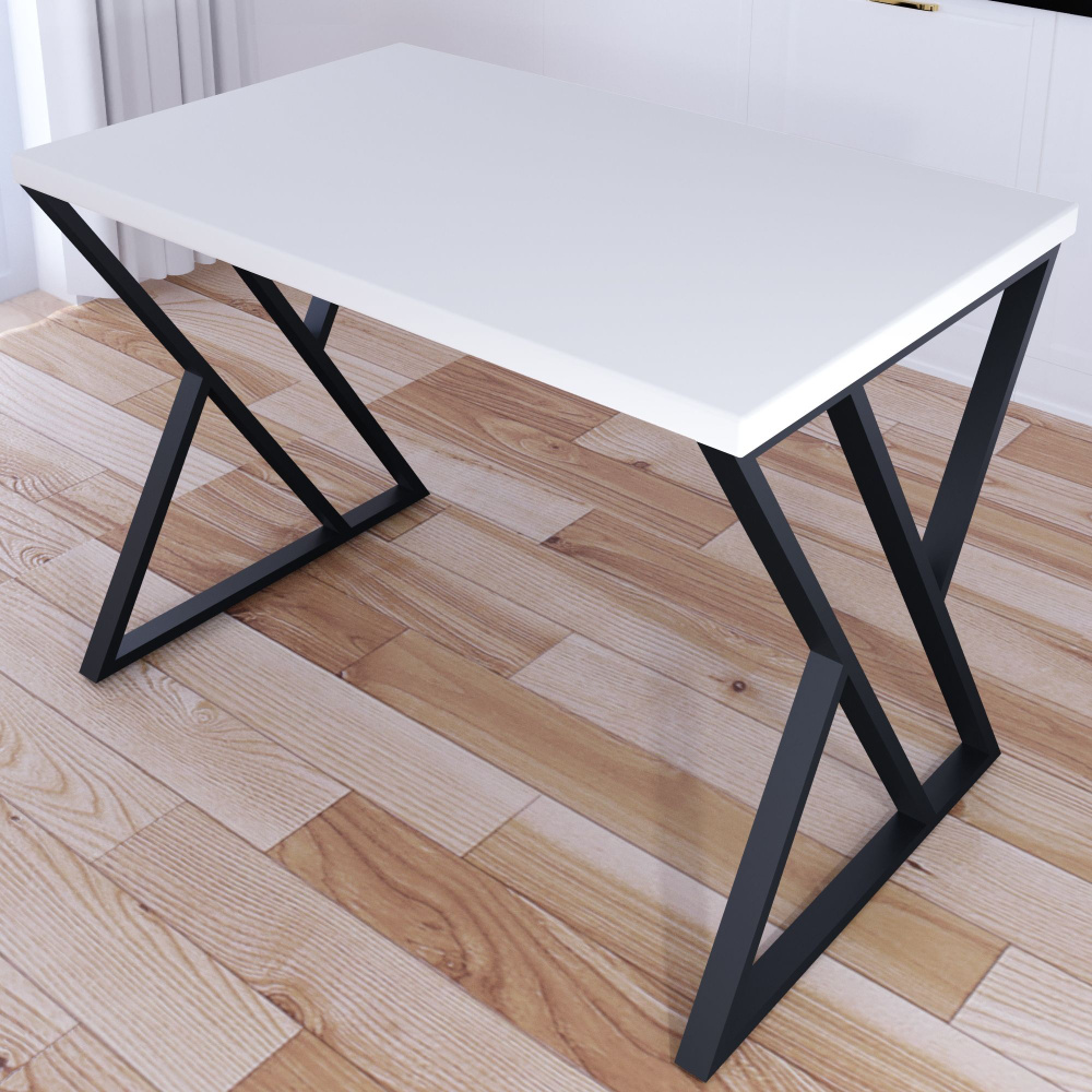 Стол кухонный Loft со столешницей белого цвета из массива сосны 40 мм и черными металлическими Z-образными #1
