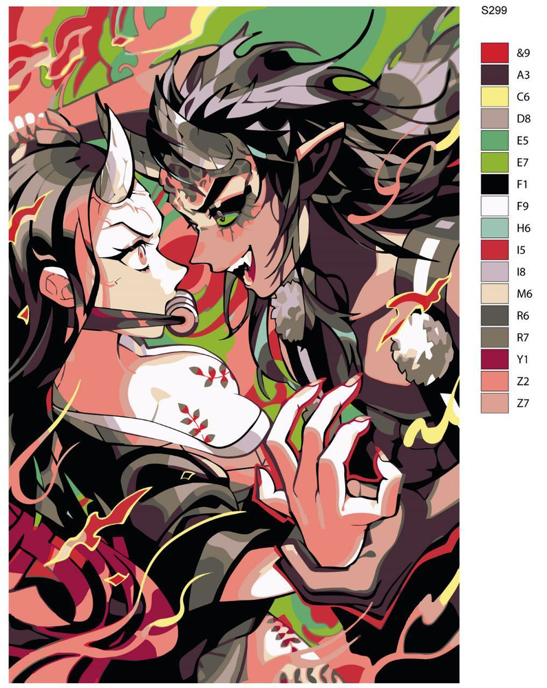 Картина по номерам S299 "Аниме Клинок, рассекающий демонов. Незуко Камадо и Караку" 40x60 см  #1