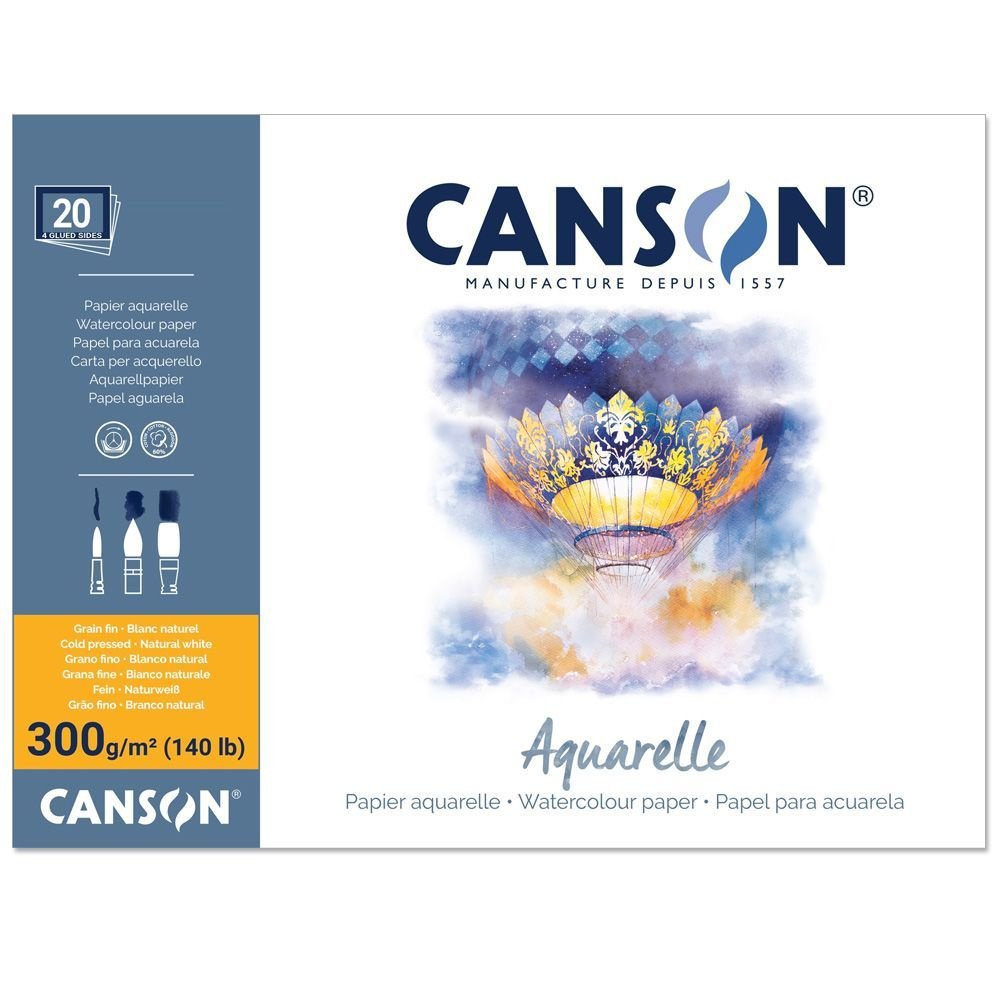 CANSON Aquarelle CP Fine альбом (блок склейка по 4 сторонам) для акварели, 60% хлопка 25x36см 300г/м, #1