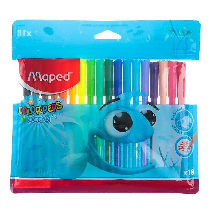 Фломастеры 18 цветов, Maped Color Peps Ocean, смываемые, европодвес, 1 набор  #1