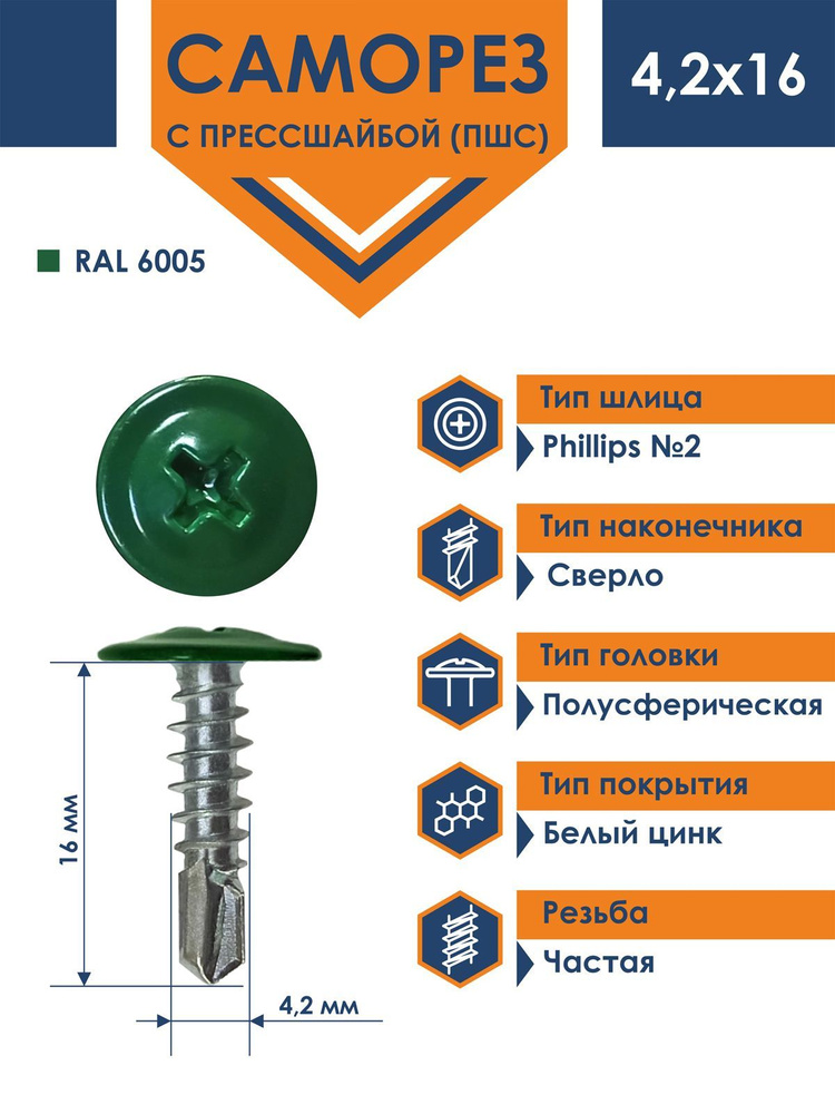 Саморез Rizzel ПШС с прессшайбой сверло 4,2х16 RAL 6005 (1000 шт) #1