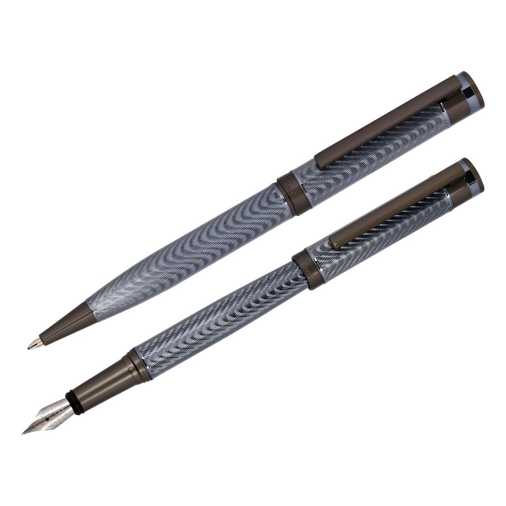 Набор Delucci "Stellato": ручка перьевая черная 0,8 мм и ручка шариковая синяя 1 мм, корпус серебро/хром, #1