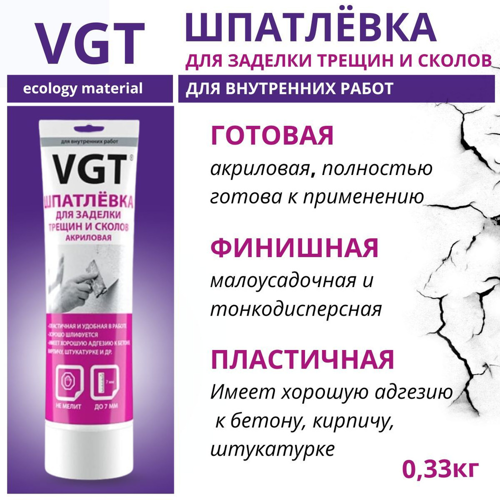 Шпатлевка VGT готовая, акриловая, универсальная, для заделки трещин и сколов, для внутренних работ, 330г #1