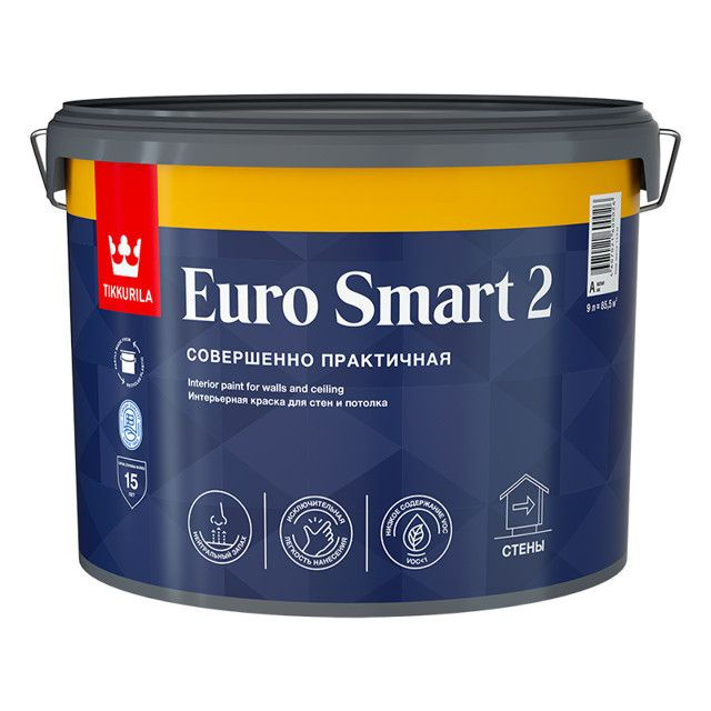 Краска акриловая tikkurila euro smart 2 база a для стен и потолков 9л белая, арт.700001104, Полуматовое #1