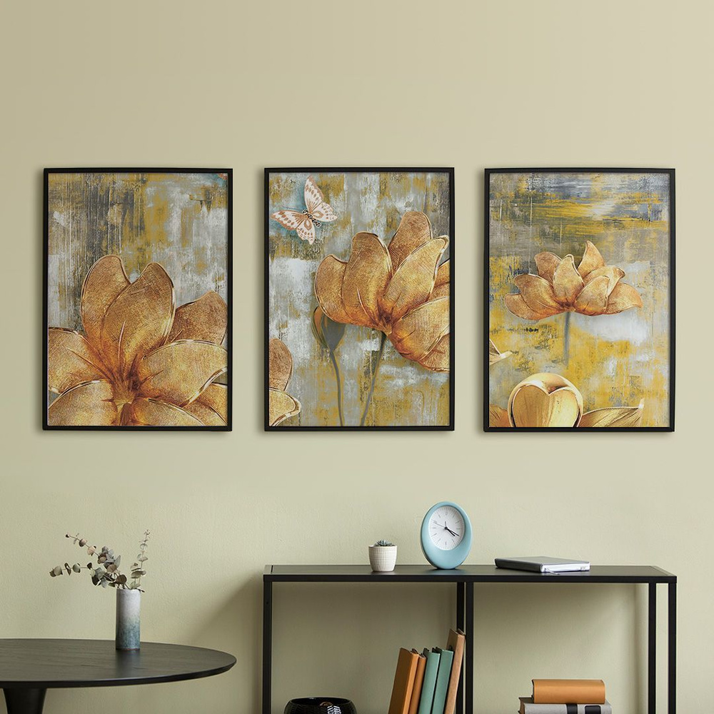 Постеры на стену "Золотые цветы", постеры интерьерные 30х40 см, 3 шт.  #1