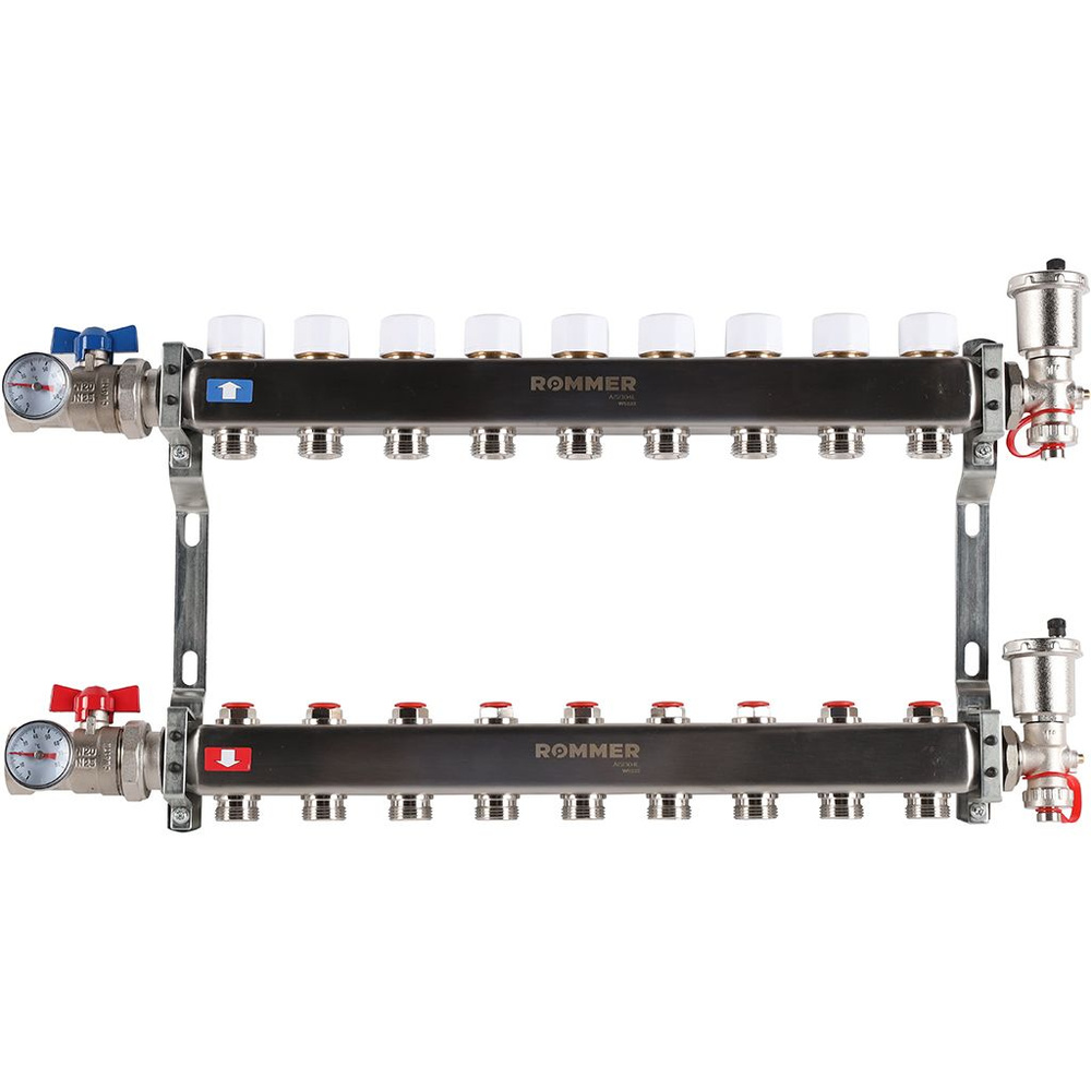 Коллектор для теплого пола ROMMER RMS-3210-000009 из нержавеющей стали в сборе без расходомеров 9 вых. #1