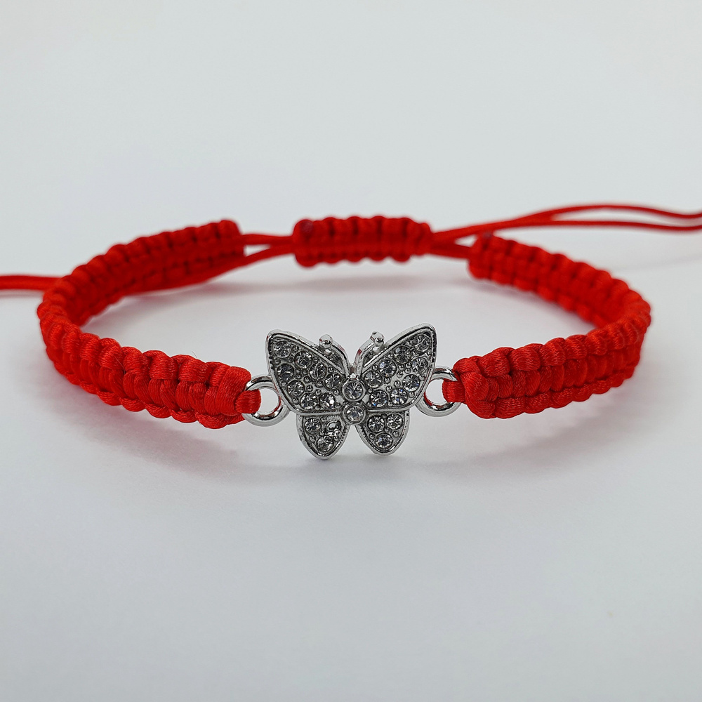 Женский браслет красная нить на руку серебристая Бабочка со стразами, плетённый браслет желаний  #1
