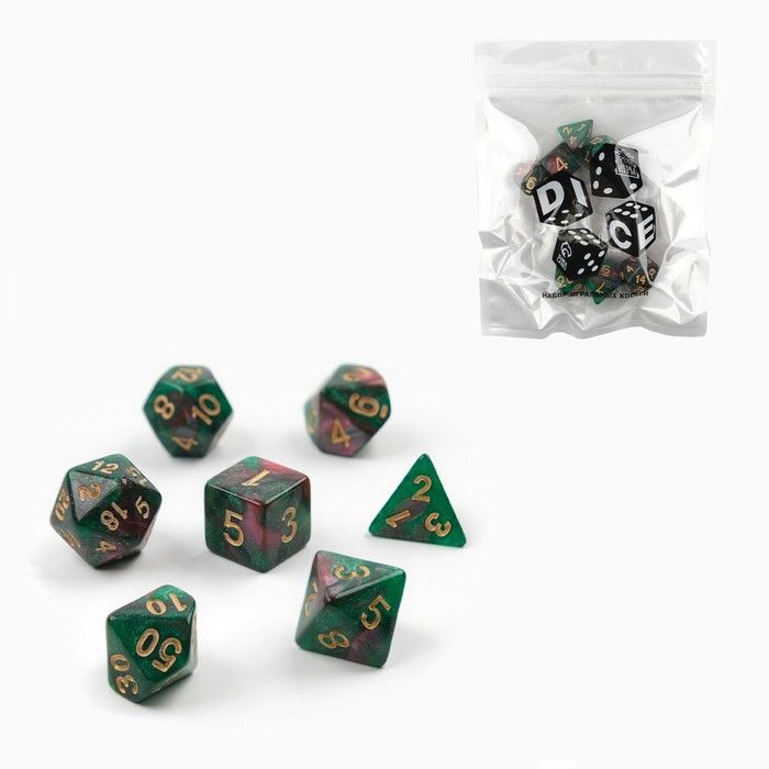 Время игры, Набор кубиков для D&D (Dungeons and Dragons), зеленый с розовым, 7 штук в наборе  #1