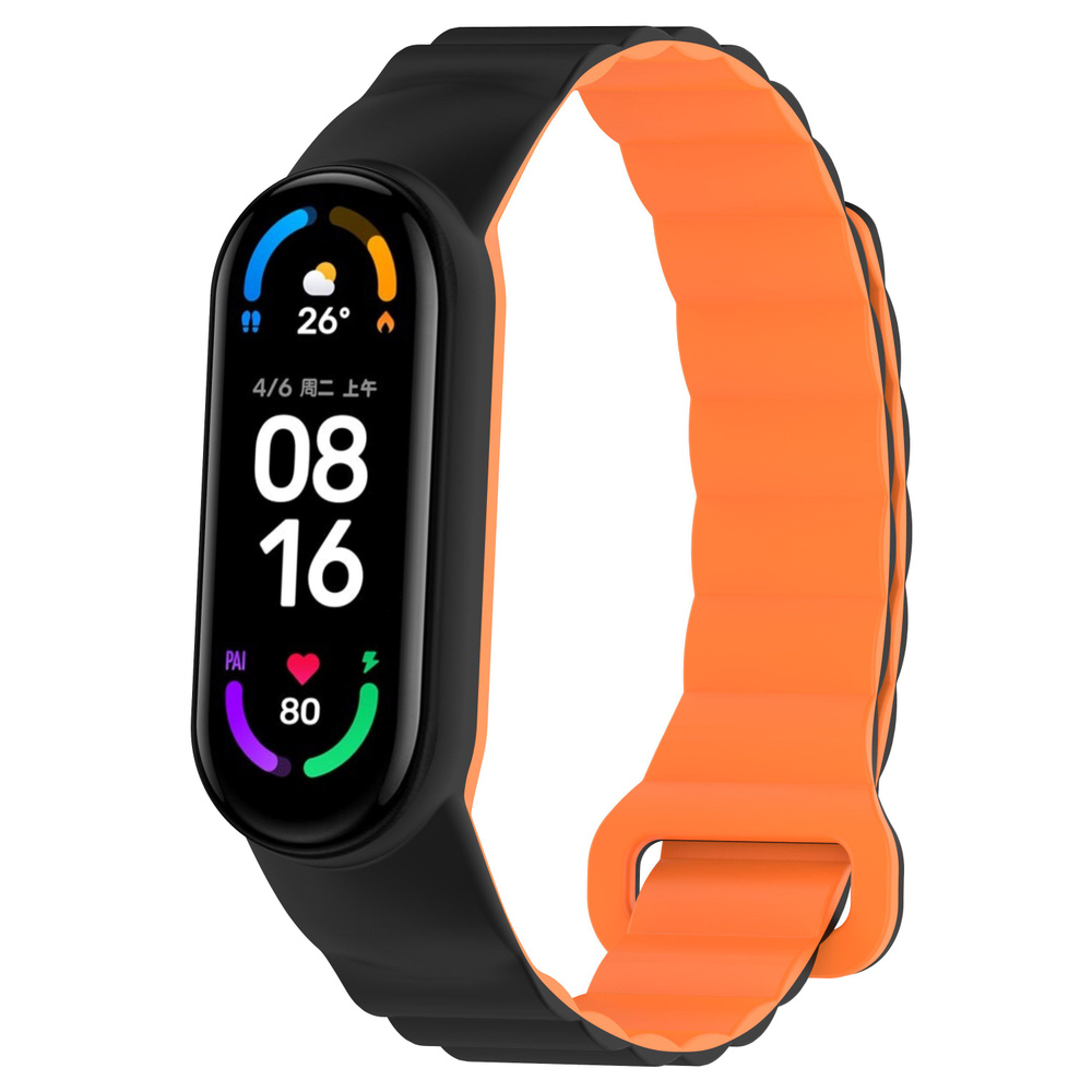 Силиконовый ремешок для Xiaomi Mi Band 6/7, с магнитной застежкой, черно-оранжевый  #1