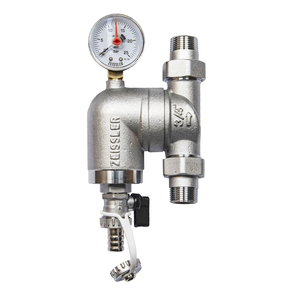 Фильтр промывной 3/4" с поворотным соединением, манометром, американками и дренажем, никелированный, #1