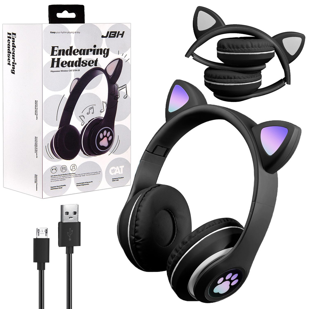 Наушники детские Bluetooth STM-28 JBH черные с кошачьими ушками / стереогарнитура Cat Ears Black  #1