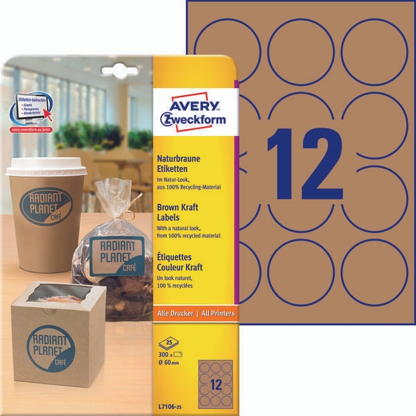 Самоклеящиеся этикетки Avery Zweckform L7106-25 из крафт-бумаги (коричневые, 60 мм, 300 шт, 25 листов) #1