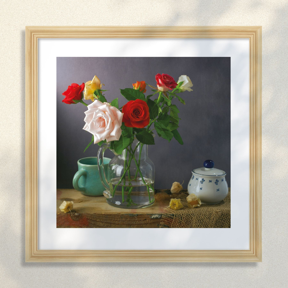 Картина в раме Postermarket "Розы и физалисы", 40 х 40 см. #1