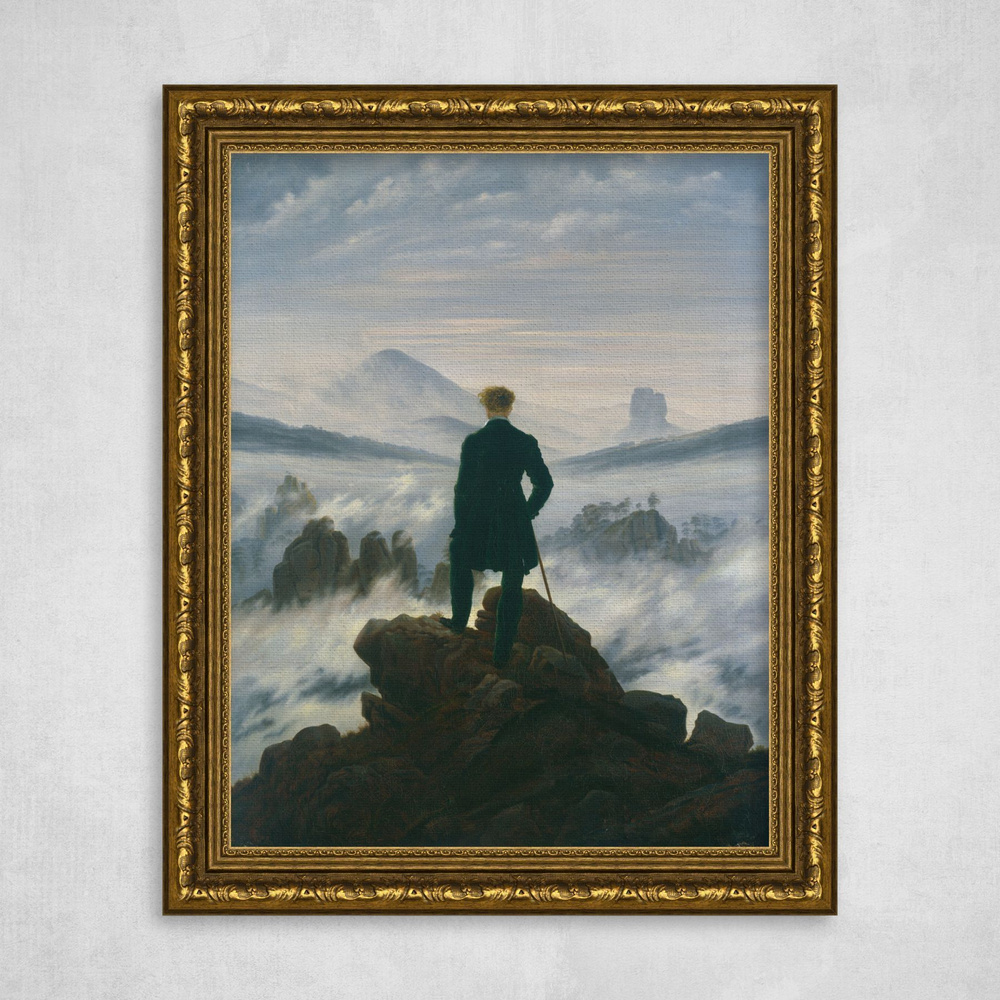 Картина на холсте в золотой багетной раме, Каспар Давид Фридрих "Странник над морем тумана", 31x40см #1