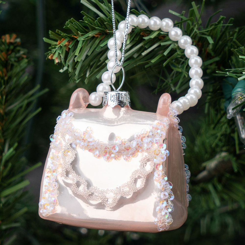 Ёлочная игрушка Glass Hanger Purse White With Beads 7 cm #1