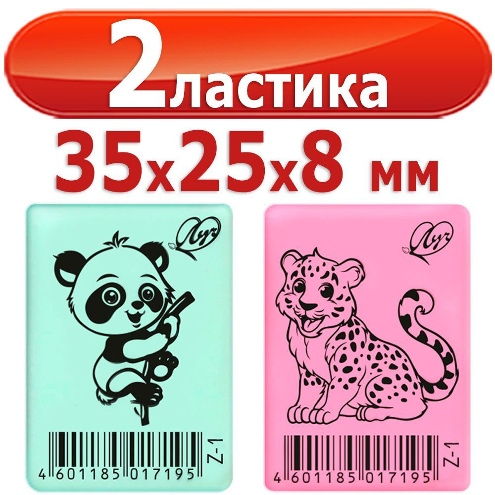 2 ластика "ZOO Z1", термопластичная резина, прямоугольный, цветной, 35x25x8 мм, цвет в ассортименте  #1