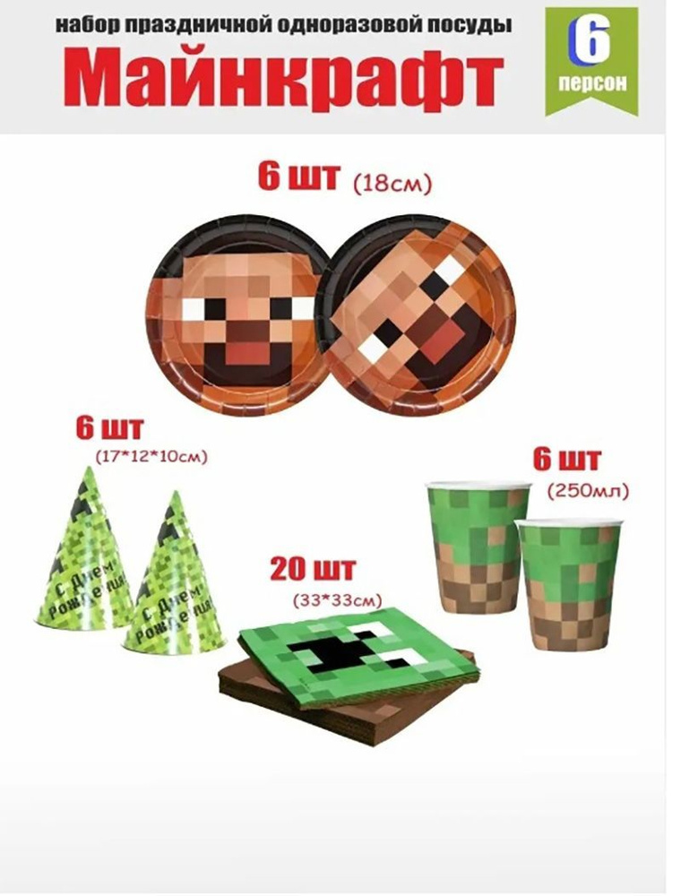 Набор одноразовой бумажной посуды для детского праздника,Minecraft/ Пиксели, из 4 предметов на 6 персон #1