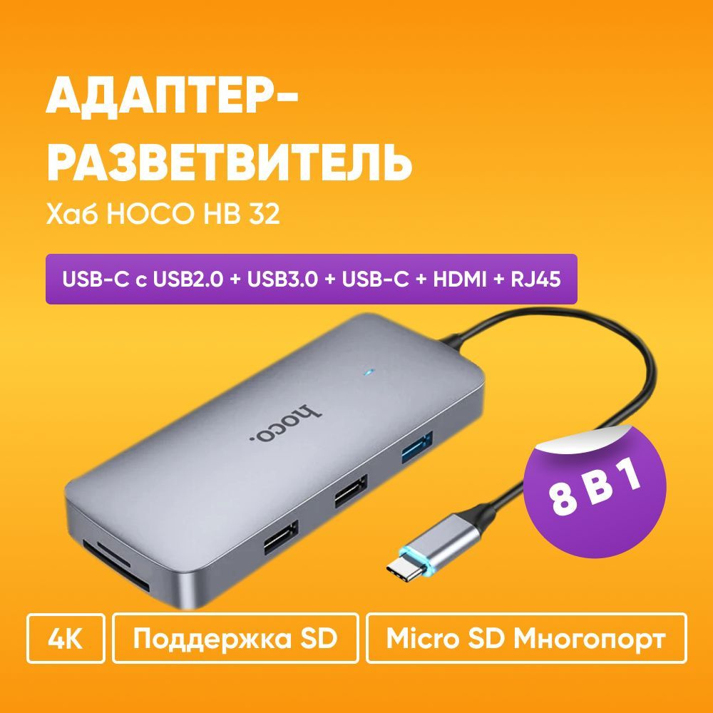 Адаптер-разветвитель, Хаб НОСО НВ32 8 в 1 USB-C с USB2.0 + USB3.0 + USB-C + HDMI + RJ45 / 4K Поддержка #1