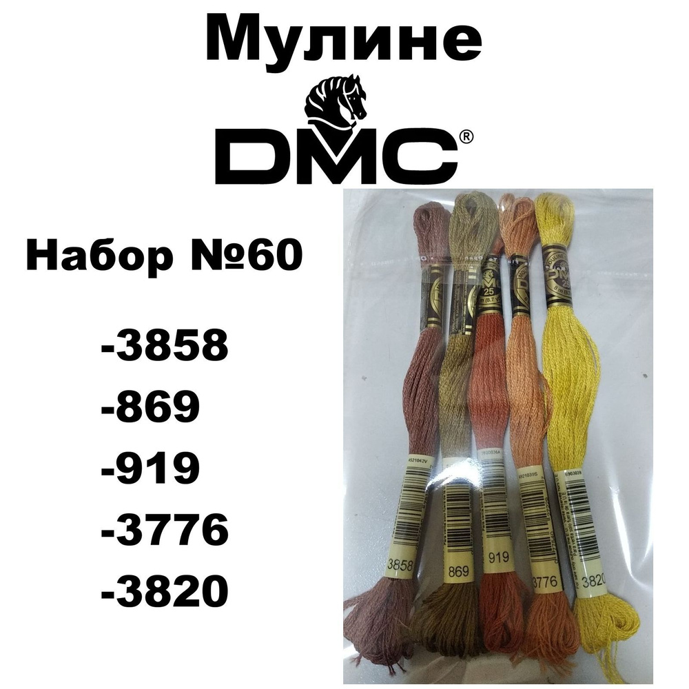 Нитки мулине DMC Embroidery для вышивания / Набор №60 / цвета 3858, 869, 919, 3776, 3820  #1