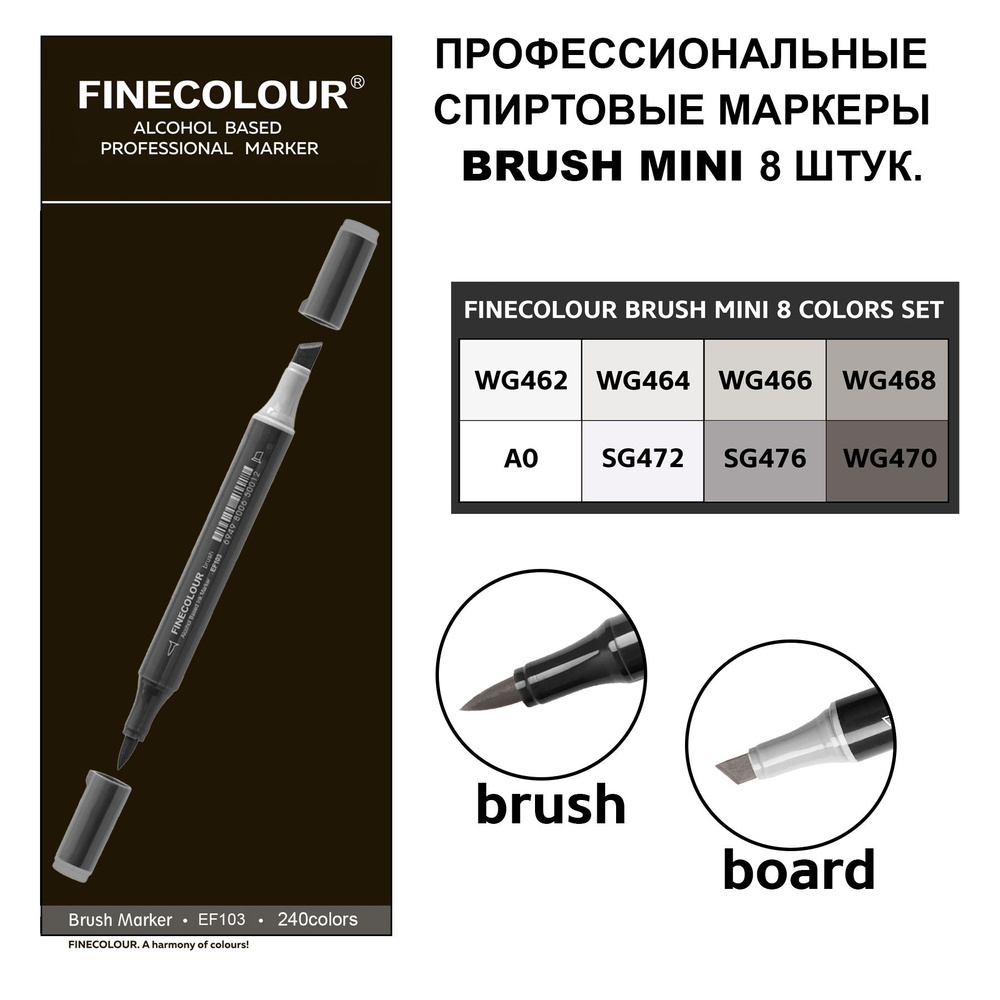 Спиртовые маркеры для скетчинга Finecolour Brush mini SET WG, 8 шт. #1