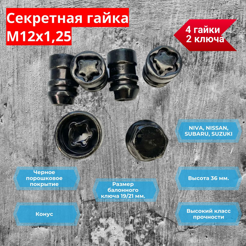 Гайка секретная LS 12х1,25 Черная, 36 мм., 4 гайки + 2 ключа (НИВА)  #1