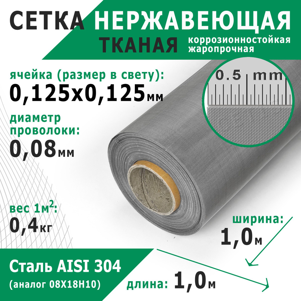 Сетка нержавеющая 0,125х0,125х0,08 мм. Сталь пищевая AISI 304 (08Х18Н10). Размер 1х1 метр.  #1