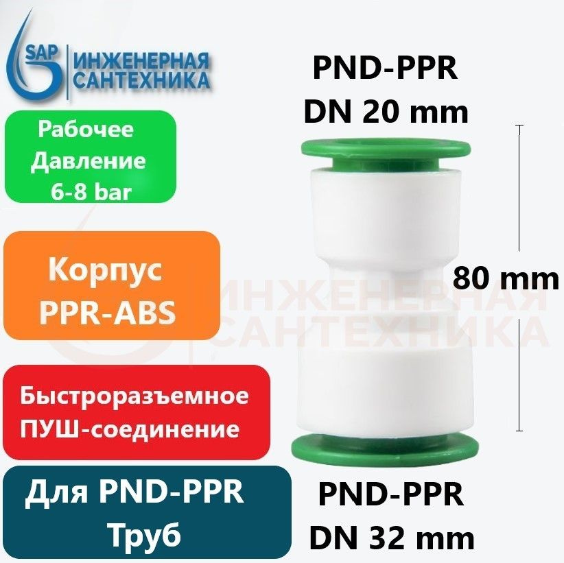 Муфта для ПНД и ППР труб, DN 20-32, ПУШ фитинг, PUSH-M-DN20-32-1 ...