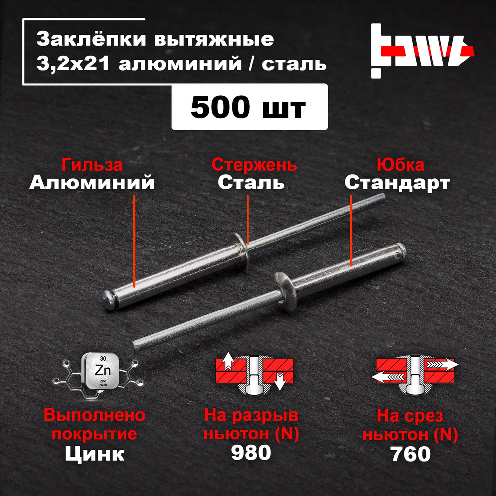 Заклёпки вытяжные для заклёпочника алюминиевые 3,2х21 500шт  #1