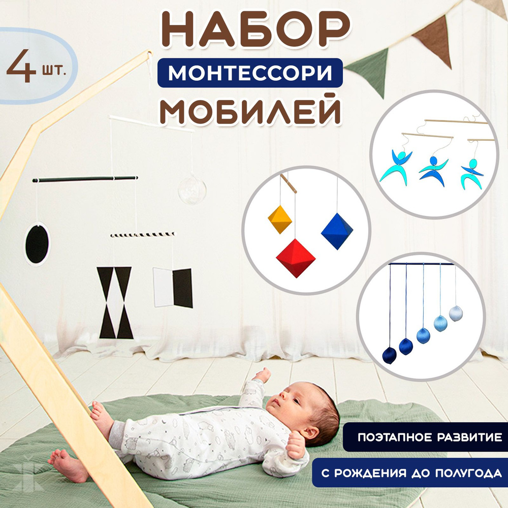 Набор из 4 мобилей Монтессори для новорожденных. Синий, мятно-синий / Мобиль на кроватку 0+  #1