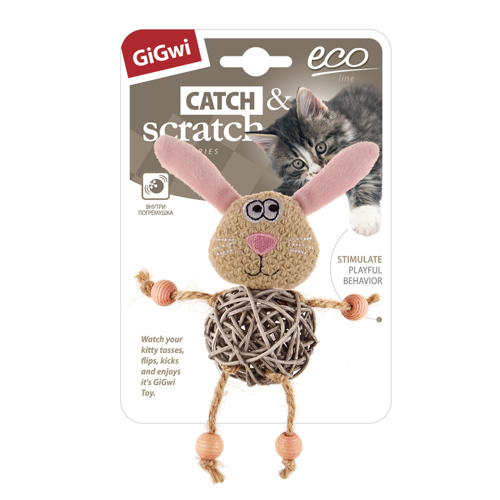 GiGwi Cat Catch & Scratch Eco line / Игрушка Гигви для кошек Заяц с плетеным мячиком с колокольчиком #1