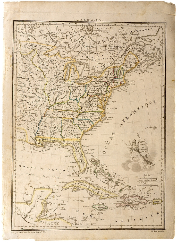 Карта США и Антильских островов. Резцовая гравюра с ручной подкраской. Франция, начало 19 века  #1