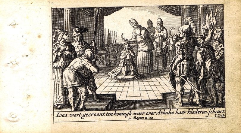 Антикварная резцовая гравюра, офорт. Ветхий Завет. Помазание Иоаса на царство. Нидерланды, 1659 год  #1