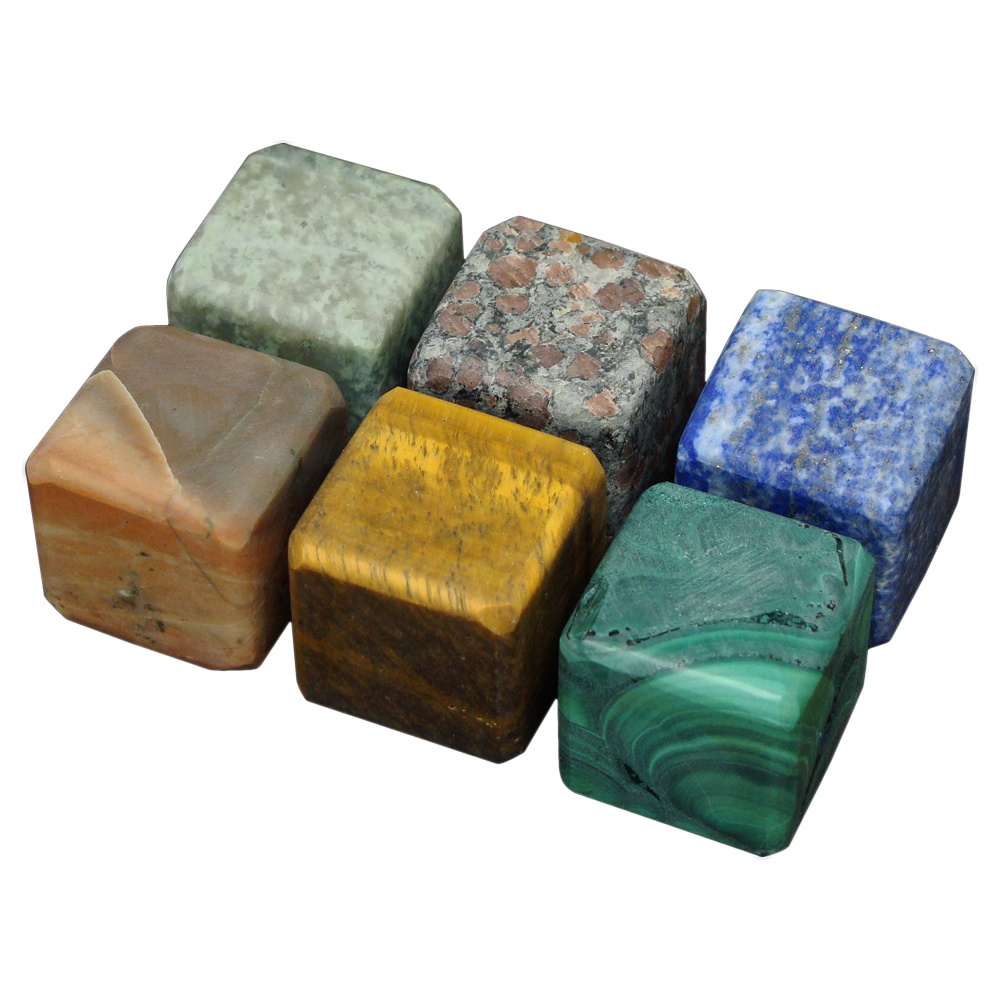 Камни для виски. Комплект шести кубиков из малахита, лазурита, тигрового глаза, амфиболита, яшмы, жадеита #1