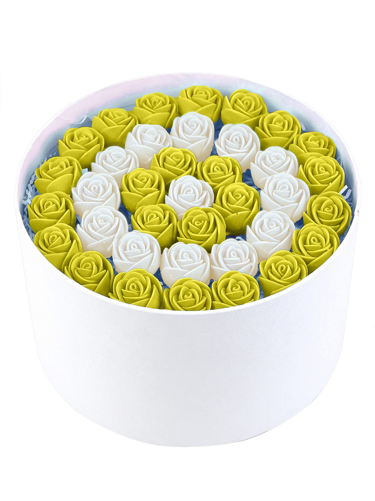 Шоколадные розы CHOCO STORY - 37 шт. в Белой шляпной коробке, Белый и Желтый Бельгийский шоколад - круглый #1
