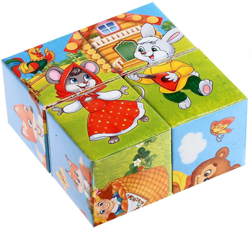 Развивающие картонные кубики "Любимые сказки", учимся рассуждать, 4 элемента, собери картинку  #1