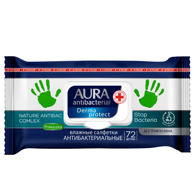 Салфетки влажные антибактериальные Aura Derma Protect, big-pack с крышкой, 15х20 см, 72 шт, с ромашкой #1