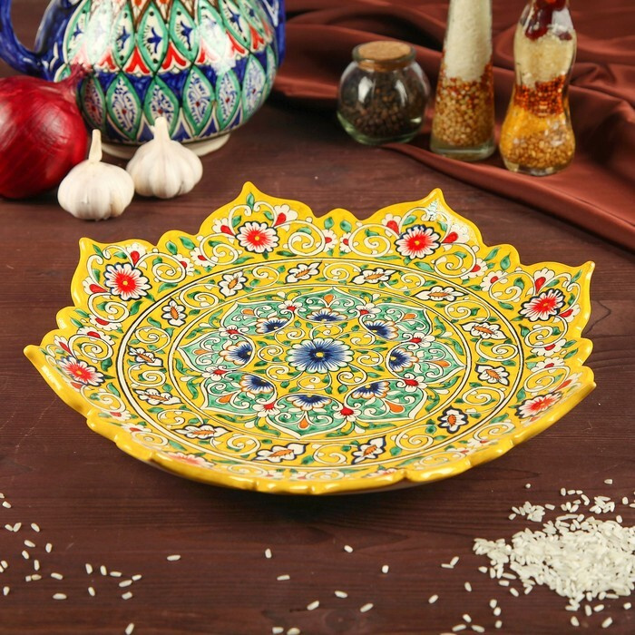 Блюдо Ляган Риштанская Керамика "Цветы", 31 см, жёлтый микс, рифлённый  #1