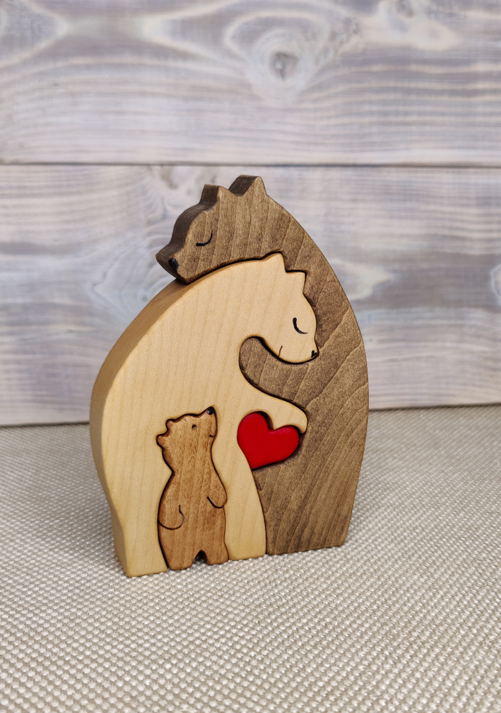 Сувенир из дерева "Новые три медведя с сердцем". Клен, тонировка. 8,5*12*2см  #1