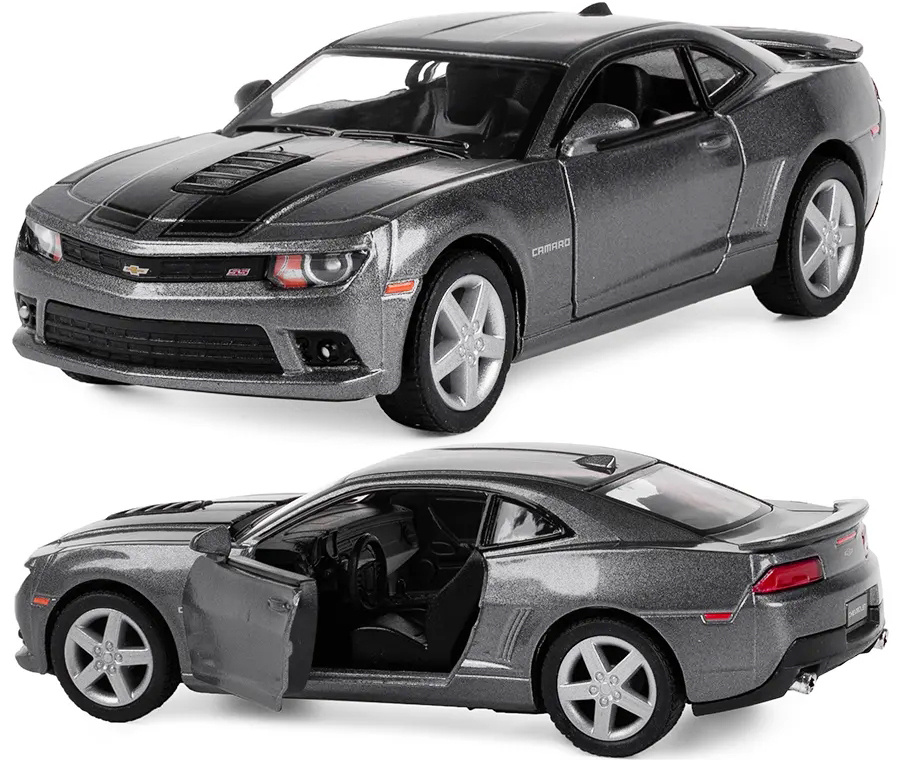 Машинка металлическая Kinsmart 1:38 Chevrolet Camaro 2014 5383DFKT инерционная, двери открываются / Серебристо-черный #1