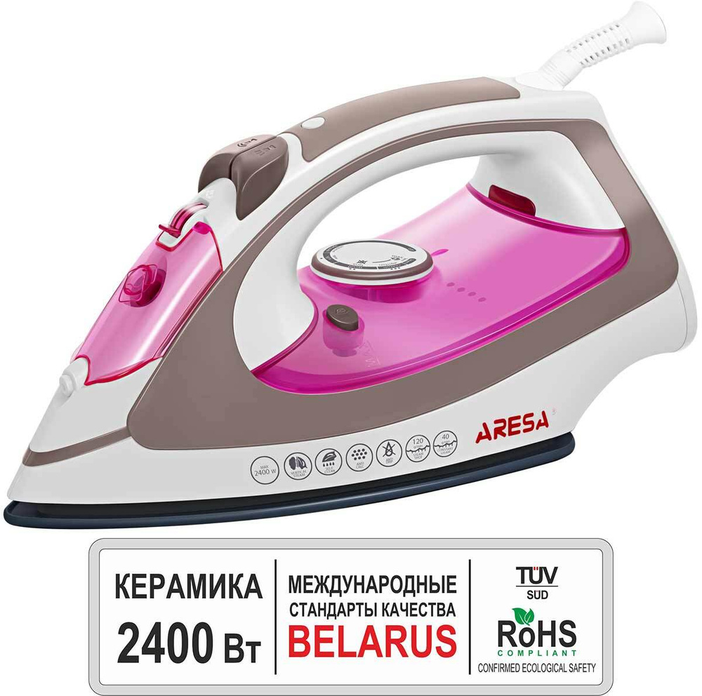 Утюг ARESA AR-3106, 2400 Вт, керамическая подошва, белый, розовый  #1